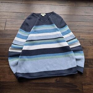 Eddie Bauer Women's V-Neck Sweater - Blue and Green Stripes